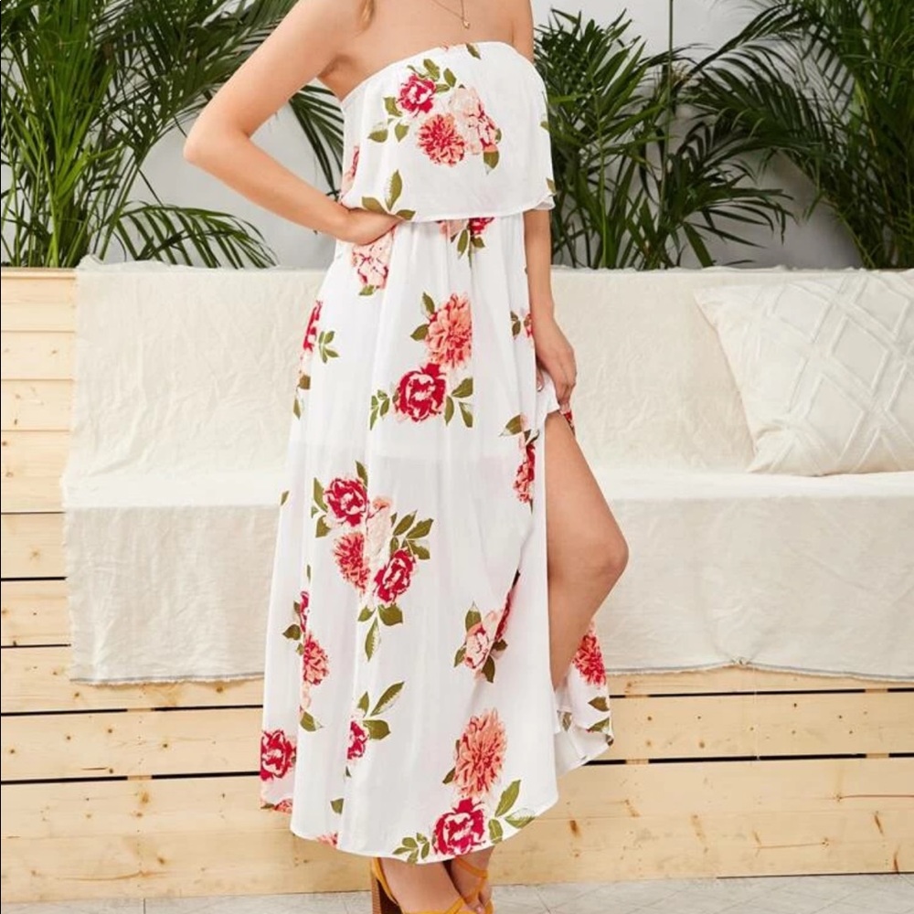 Floral Print High Split Front Flounce Tube Dress